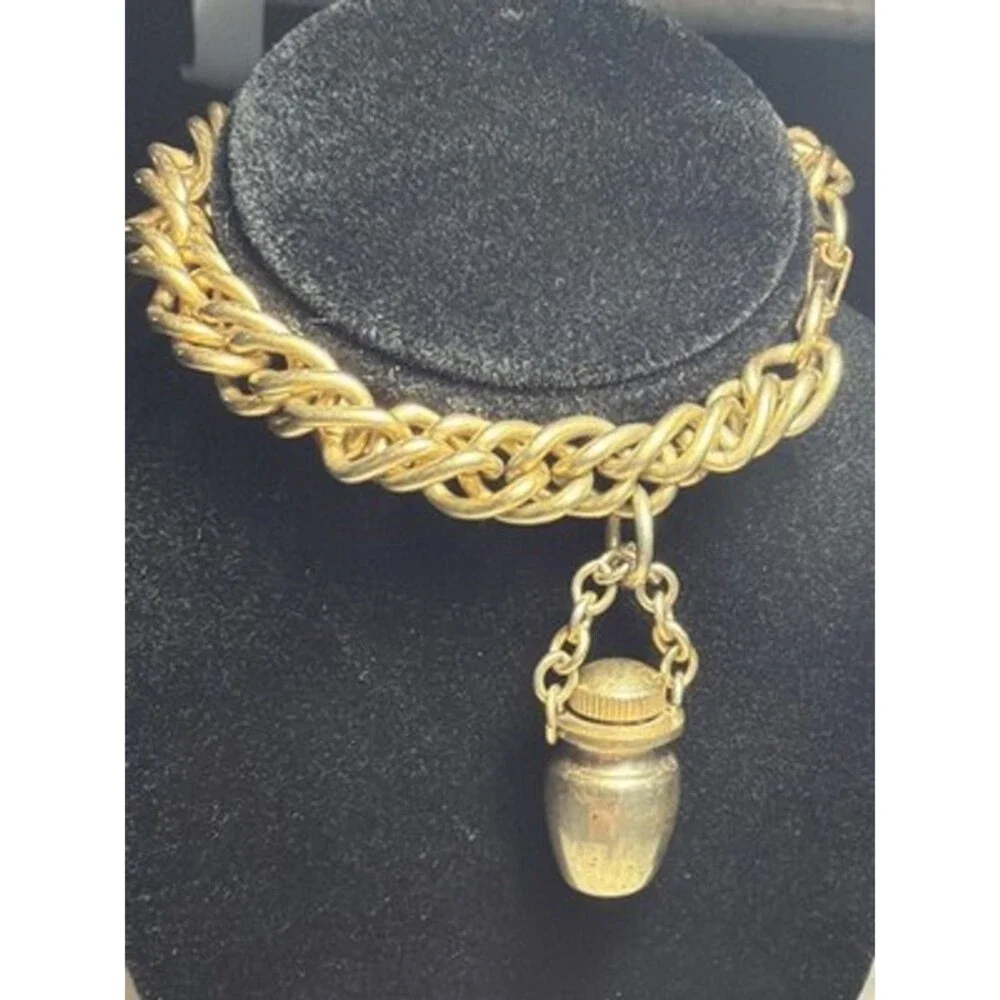 Vtg 40-50’s GoldTone Chunky Chain 7”Bracelet Perfume Bottle/Urn Charm Whimsigoth